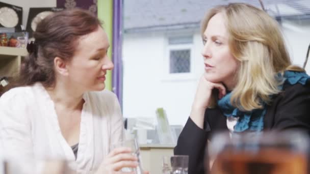 Attraktiva mogna kvinnliga vänner chatta tillsammans med drinkar — Stockvideo