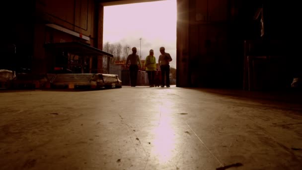 Trabalhadores que transportam mercadorias pela porta aberta de um armazém — Vídeo de Stock