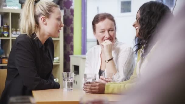Attraktiva kvinnliga vänner njuta av en pratstund och en skvaller med drinkar — Stockvideo