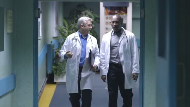 Два врача-мужчины обсуждают — стоковое видео