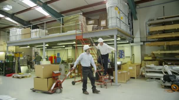 Trabalhadores ocupados em uma fábrica ou armazém — Vídeo de Stock