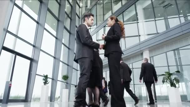 Empresário e mulher de negócios se encontram e apertam as mãos — Vídeo de Stock