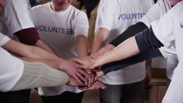 Happy circle of volunteers put their hands together in a show of unity — Stock Video