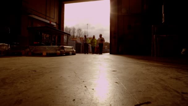 Trabajadores moviendo mercancías a través de la puerta abierta de un almacén — Vídeo de stock