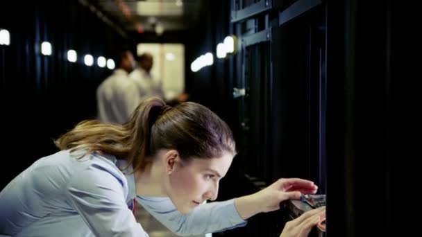 Team van mensen die werkzaam zijn op datacenter — Stockvideo