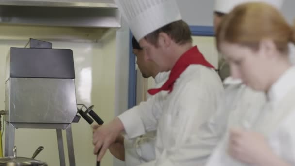 Chefs profesionales preparando y cocinando alimentos en una cocina comercial — Vídeo de stock