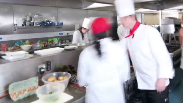 Busy team of chefs preparing food in a commercial kitchen — Stock Video