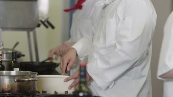 Chefs profissionais preparando e cozinhando alimentos em uma cozinha comercial — Vídeo de Stock