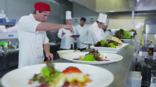 Professionelle Köche arrangieren ihren Speiseplan in einem Restaurant oder einer Hotelküche — Stockvideo