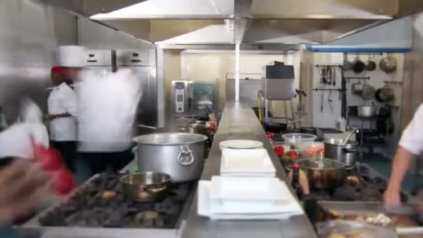 Equipo ocupado de chefs preparando comida en una cocina comercial — Vídeos de Stock