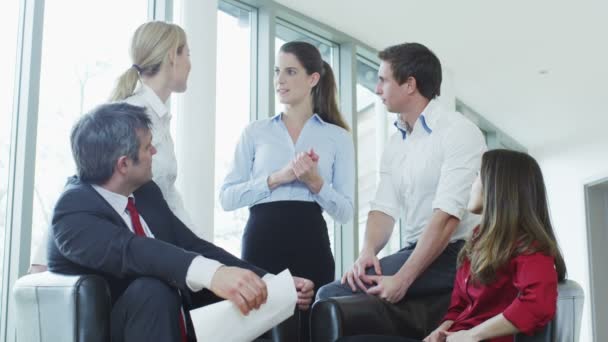 Business team sitting in comfortable chairs — Stock Video