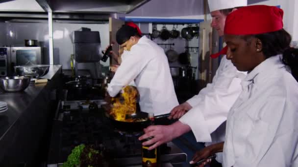 Equipe de chefs profissionais preparando e cozinhando alimentos em uma cozinha comercial . — Vídeo de Stock
