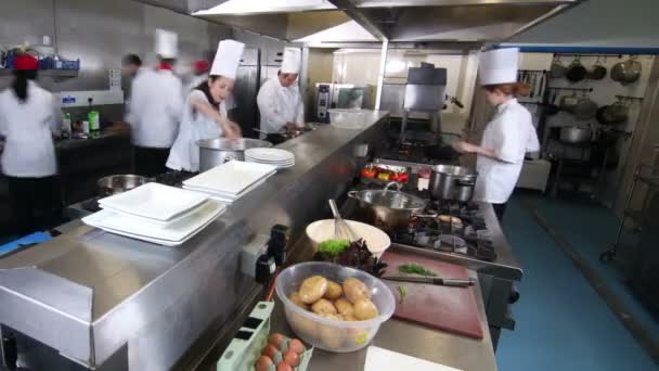 Drukke team van koks bereiden van voedsel in een commerciële keuken — Stockvideo