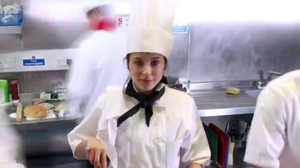 Equipe ocupada de chefs preparando comida em uma cozinha comercial — Vídeo de Stock