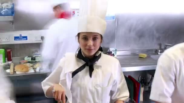 Busy team of chefs preparing food in a commercial kitchen — Stock Video