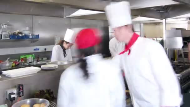 Equipo ocupado de chefs preparando comida en una cocina comercial — Vídeo de stock