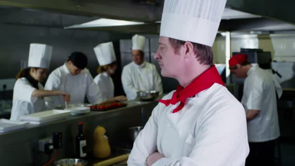 Portret van ernstige chef-kok en zijn personeel in een commerciële keuken — Stockvideo