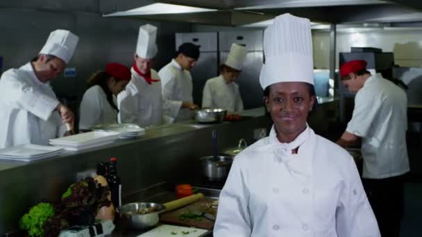 Portret van glimlachen chef-kok en haar personeel in een commerciële keuken — Stockvideo