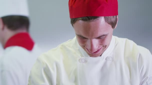 Equipo de chefs profesionales trabajando juntos en una cocina comercial — Vídeos de Stock