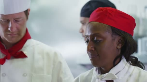 Команда профессиональных поваров, работающих вместе на коммерческой кухне — стоковое видео