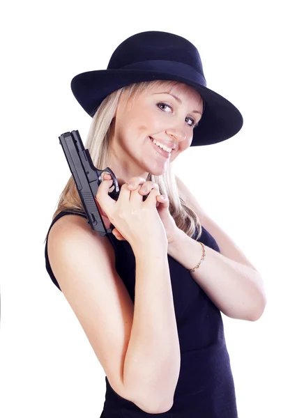 Young pretty blond woman with a gun — Stock Photo, Image