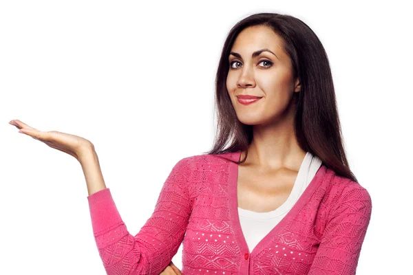 Hermosa mujer sosteniendo su producto —  Fotos de Stock