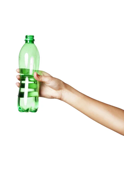 Hand with bottle of water over isolated background — Stock Photo, Image