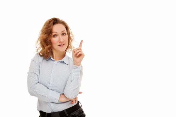 Young Happy Businesswoman Curly Hair Standing White Background Smiling Happy — Stock Photo, Image