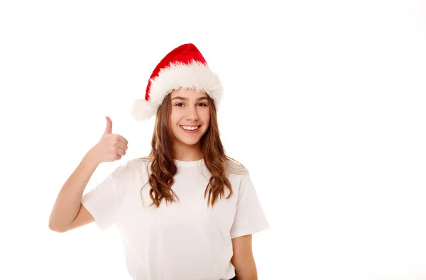 Young Happy Teenager Girl Santa Claus Red Hat Standing White — Stock Photo, Image