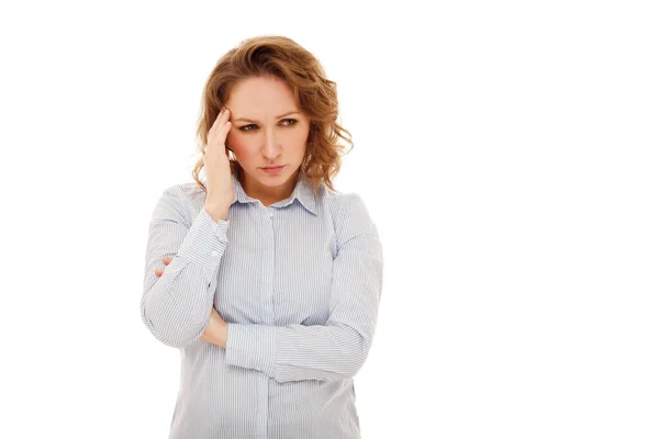 Young Sad Businesswoman Curly Hair Standing White Background Holding Her — Stock Photo, Image