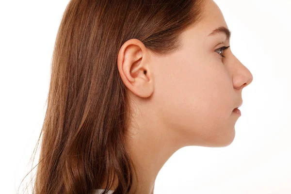 Close Human Woman Ear White Background — Stock Photo, Image