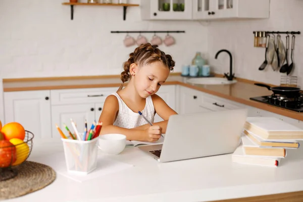 Little Girl Learning Lessons Indoors Online Education Using Laptop Sitting - Stock-foto