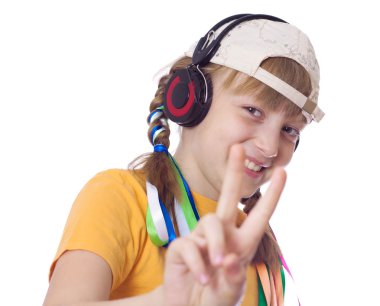 adolescent girls with headphones on white background clipart