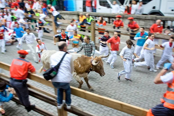 Pamplona, Hiszpania-8 lipca: niezidentyfikowanych mężczyzn uruchomić z bulls w — Zdjęcie stockowe