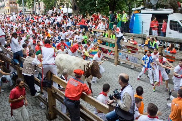 PAMPLONA, SPAIN -JULY 8: Unidentified men run from the bulls in — Stock Photo, Image