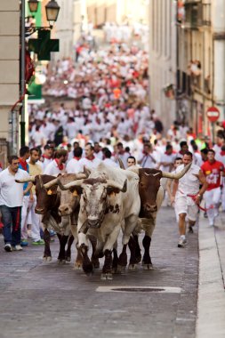 PAMPLONA, SPAIN-JULY 9: Bulls and men running in street during S clipart