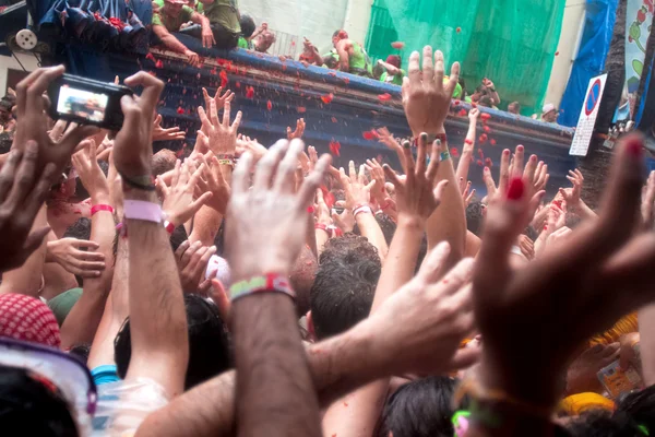 Bunol, Spain - August 28: With a truck throw tomatoes into crowd — Stock Photo, Image