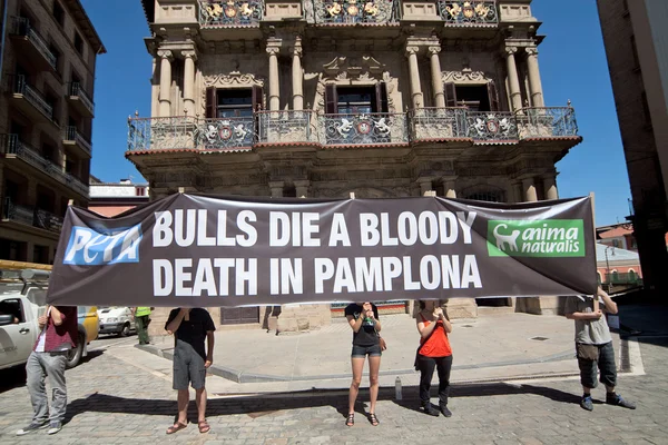 PAMPLONA, SPAGNA - LUGLIO 5: La gente protesta contro la crudeltà nei confronti di un — Foto Stock