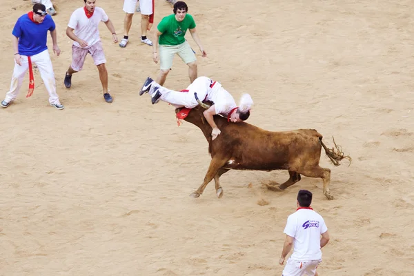 ПАМПЛОНА, ИСПАНИЯ - 9 ИЮЛЯ: Люди веселятся с молодыми быками в — стоковое фото