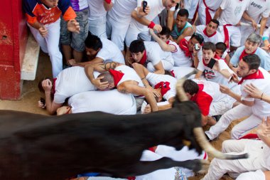Pamplona, İspanya - Temmuz 11: insanlar genç boğa ile eğleniyor