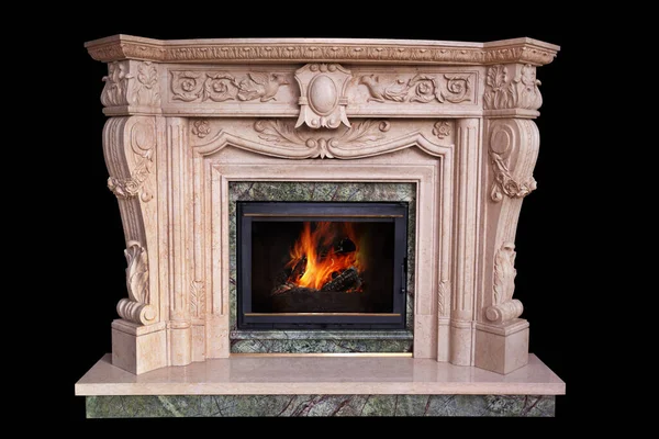 Classic marble fireplace made of beige marble. — Stock Photo, Image