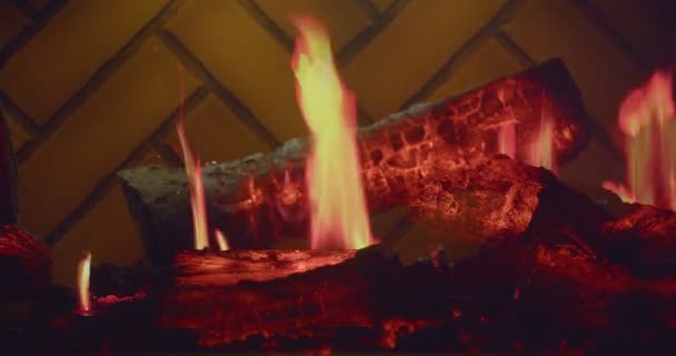 冬季在家中电炉中焚烧木柴 — 图库视频影像