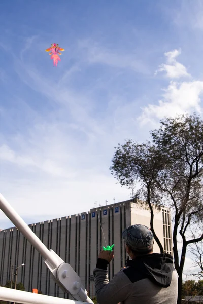 Bir adam bir uçurtma mavi gökyüzünde uçar — Stok fotoğraf