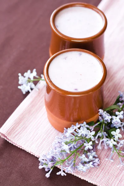 Yogur casero con bayas en un tazón de cerámica — Foto de Stock