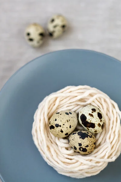 Trois œufs de caille dans le nid avec le fil sur la plaque grise — Photo