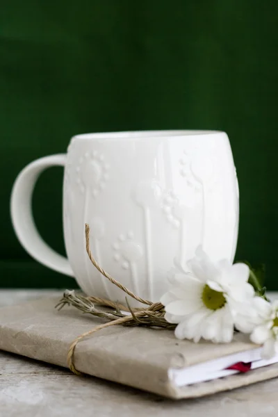 Una taza blanca sobre un fondo verde y portátil vintage — Foto de Stock