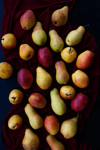 Yellow Red Juicy Fragrant Pears Lie Cherry Tablecloth Black Wooden —  Fotos de Stock