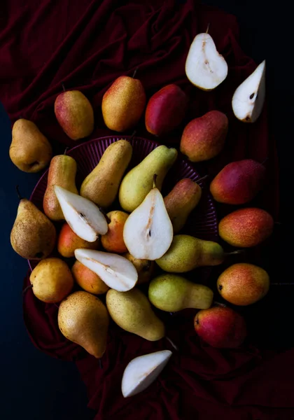 Yellow Red Juicy Fragrant Pears Lie Cherry Plate Dark Cherry —  Fotos de Stock