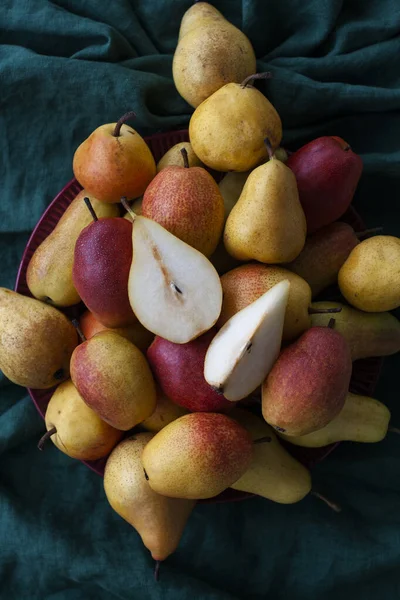 Yellow Red Juicy Fragrant Pears Lie Cherry Plate Dark Green —  Fotos de Stock
