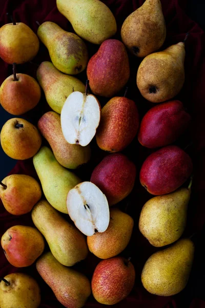 Yellow Red Juicy Fragrant Pears Lie Cherry Tablecloth Black Wooden —  Fotos de Stock